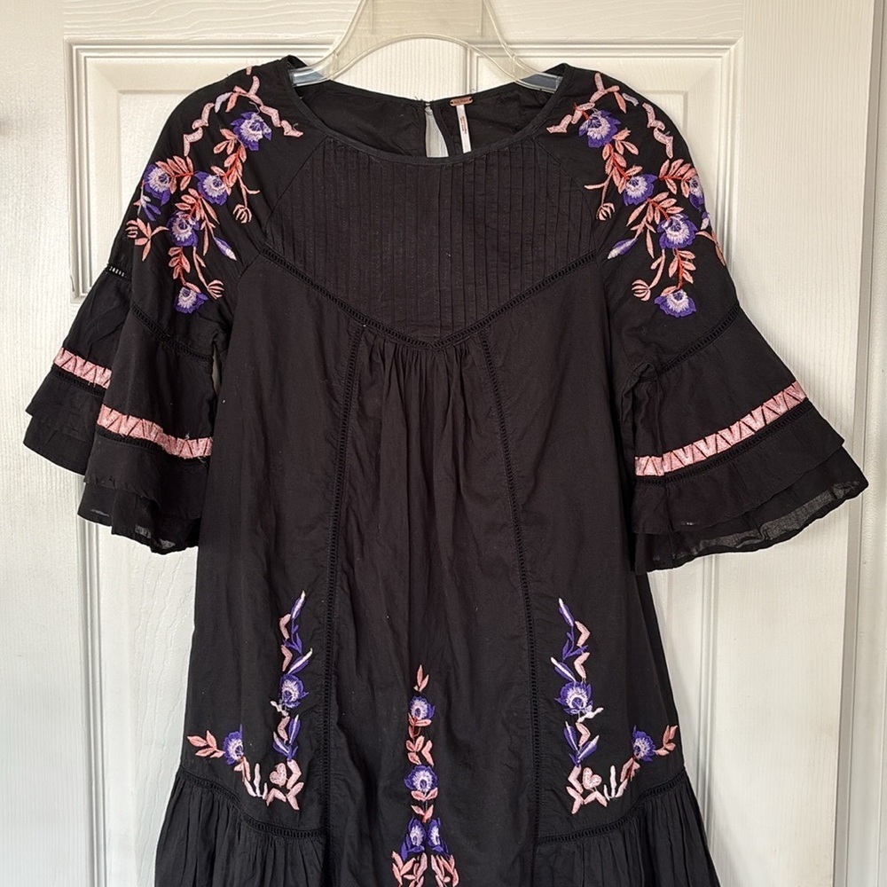 Free People Black Boho Ruffle Pavlo Mini Dress Orange Purple Floral Embroidery - Picture 3 of 16